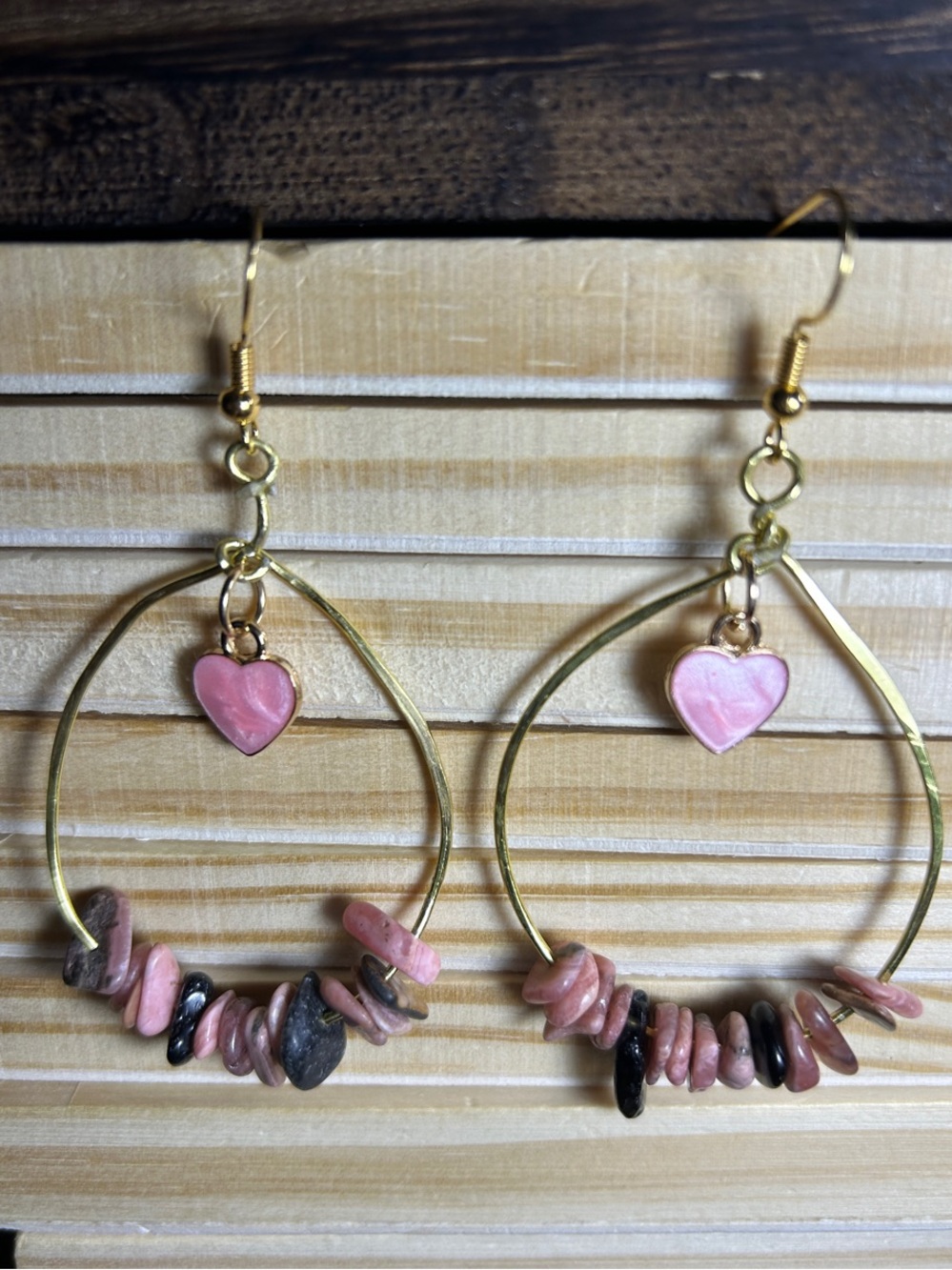3/$25 Pink Heart Hoop Earrings with Rhodochrosite Beads